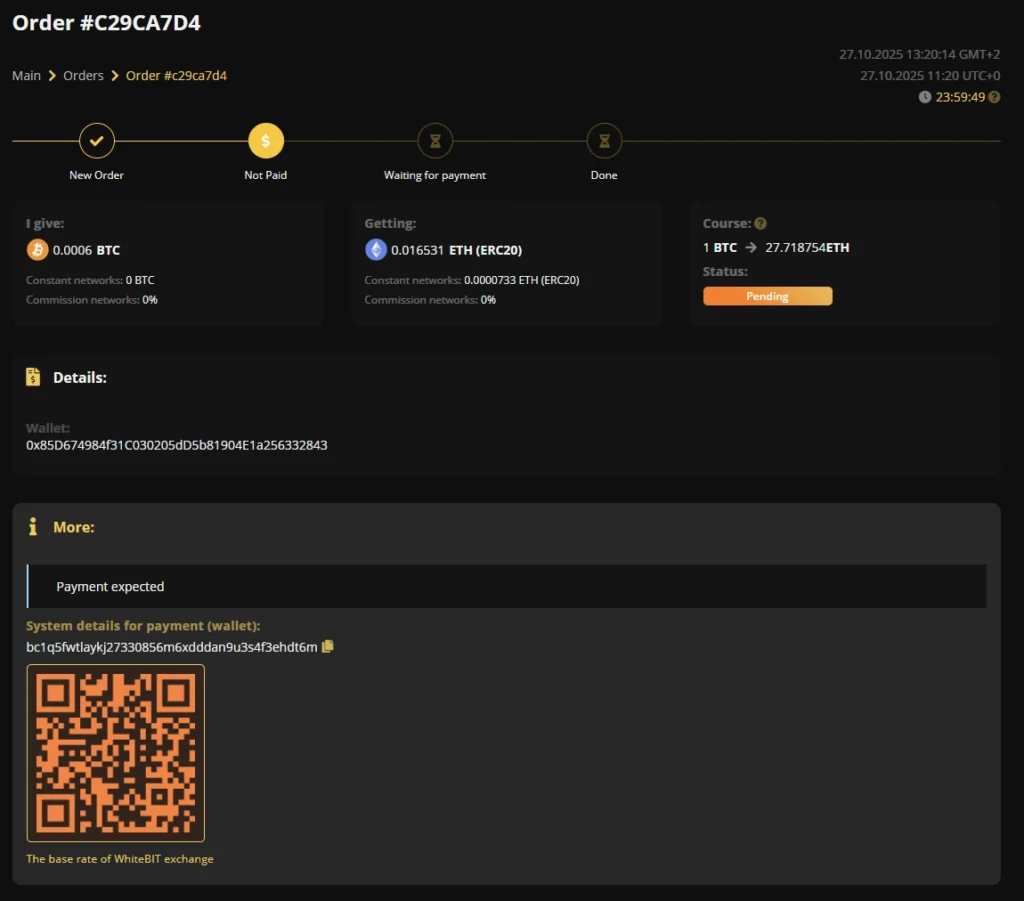 Order details with status "Pending"